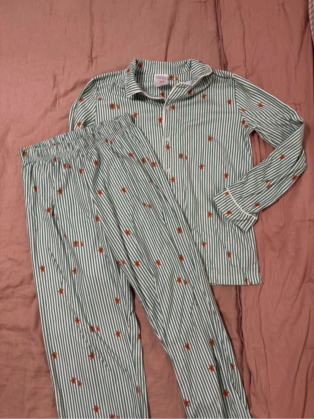 Target Green and White Striped Pajama Set with Gingerbread Man Details
